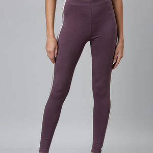 Women Purple Cotton Side Stripe Active Leggings