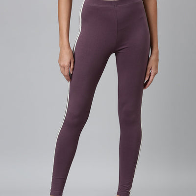 Women Purple Cotton Side Stripe Active Leggings