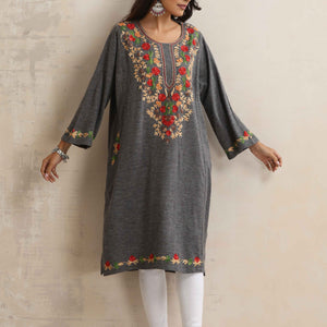 trueBrowns Grey Kashmiri Embroidered Woollen Phiran Kurta