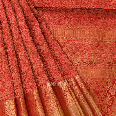 Hot Red pure authentic Kanjivaram Silk Saree with  Zari Brocade