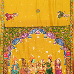 Yellow Ramayan Theme Hand-Painted Pattachitra Saree
