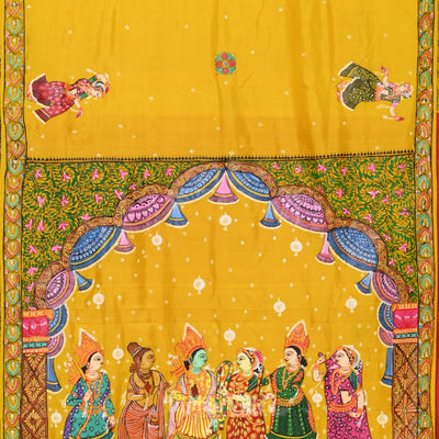 Yellow Ramayan Theme Hand-Painted Pattachitra Saree