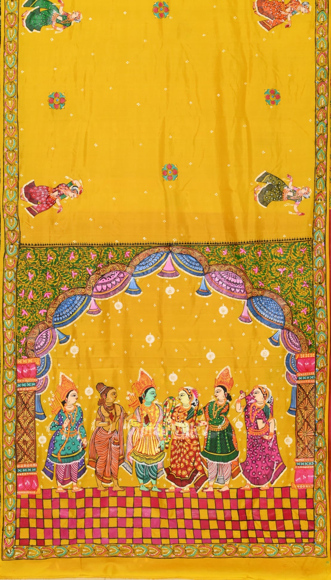 Yellow Ramayan Theme Hand-Painted Pattachitra Saree