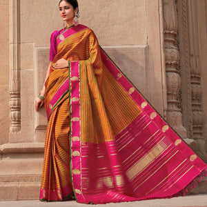 Orange Handloom Kanchipuram Silk Saree With Green Stripes