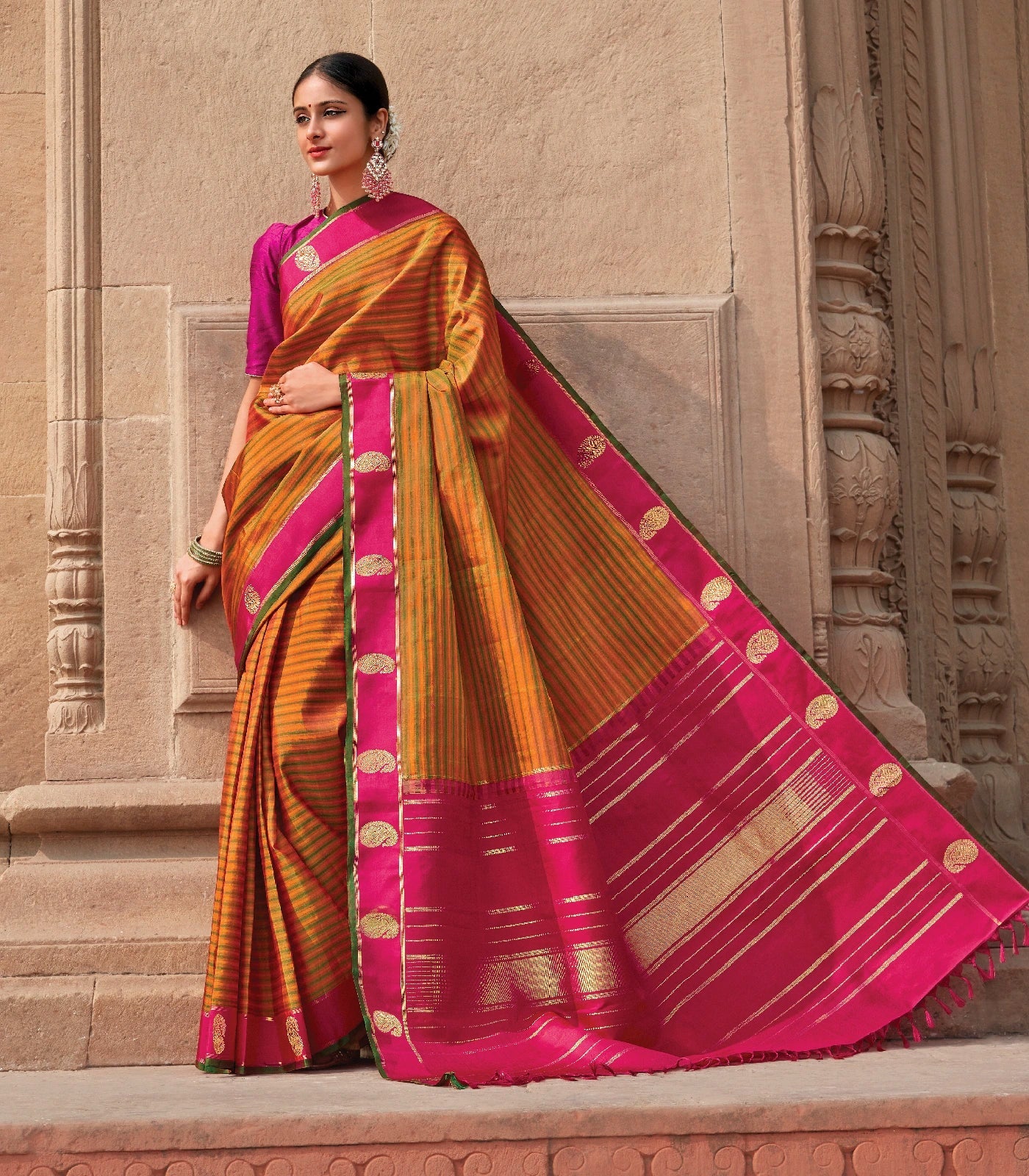 Orange Handloom Kanchipuram Silk Saree With Green Stripes