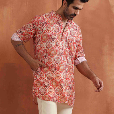 trueBrowns Men's Beige Printed Short Kurta