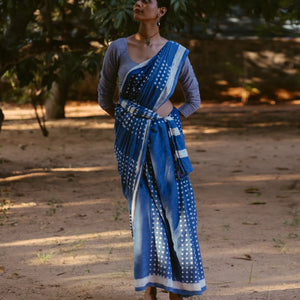 Indigo Jaipur Cotton Saree With With small printed polka dots across the saree