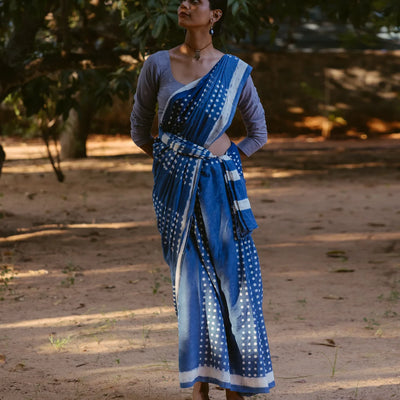 Indigo Jaipur Cotton Saree With With small printed polka dots across the saree