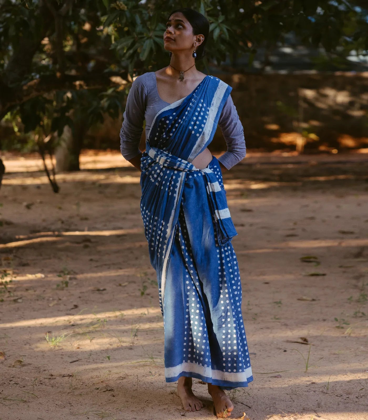Indigo Jaipur Cotton Saree With With small printed polka dots across the saree