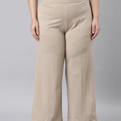 Women Solid Beige Ponte Wide Leg Pants
