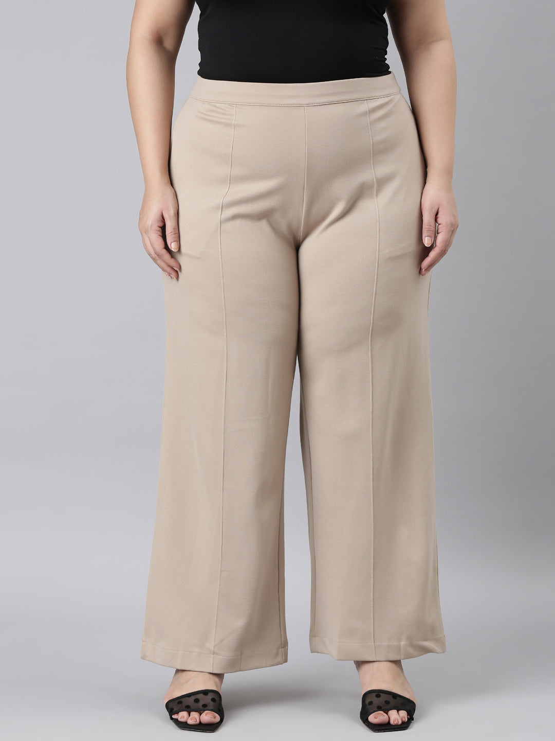 Women Solid Beige Ponte Wide Leg Pants