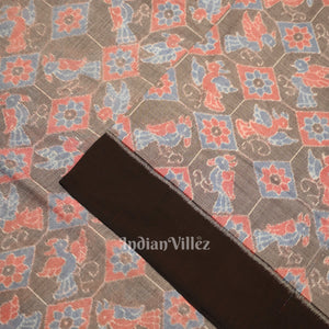 Gray Floral Bird Theme Sambalpuri Odisha Ikat Cotton Fabric
