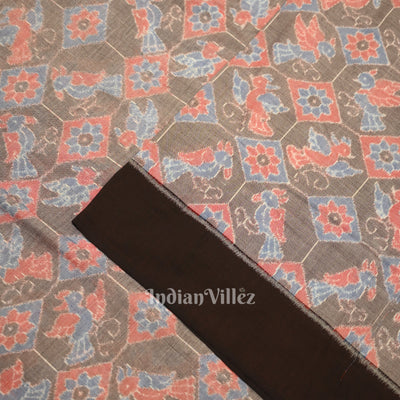Gray Floral Bird Theme Sambalpuri Odisha Ikat Cotton Fabric