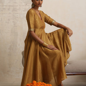 trueBrowns Gold Tissue Flared Anarkali Kurta Set
