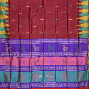 Maroon with Multicolor Double Pallu Phoda Kumbha Fish Motif Berhampuri Silk Saree