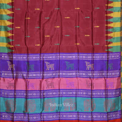 Maroon with Multicolor Double Pallu Phoda Kumbha Fish Motif Berhampuri Silk Saree