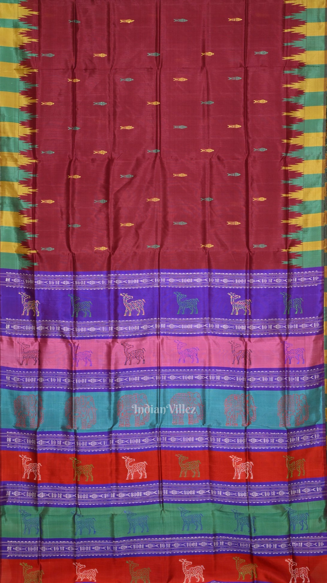 Maroon with Multicolor Double Pallu Phoda Kumbha Fish Motif Berhampuri Silk Saree