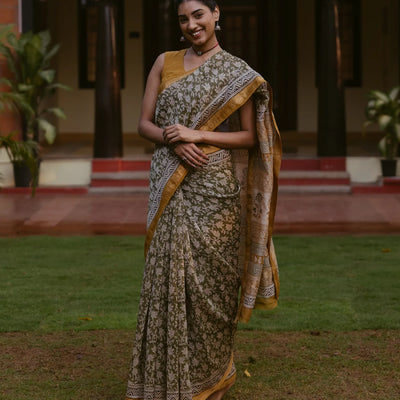 Green Handloom Chanderi Cotton Saree With Printed Floral Motifs