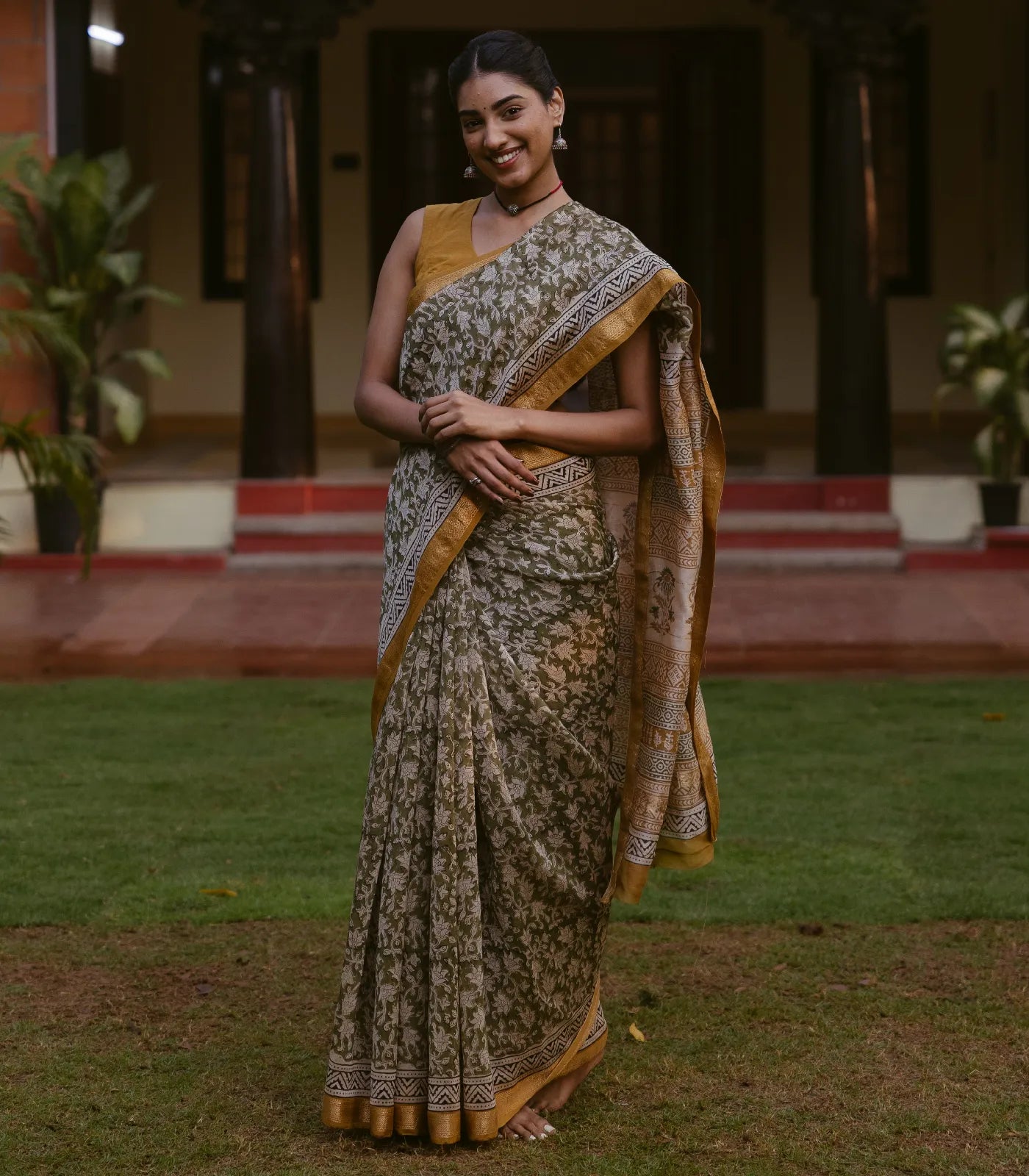 Green Handloom Chanderi Cotton Saree With Printed Floral Motifs