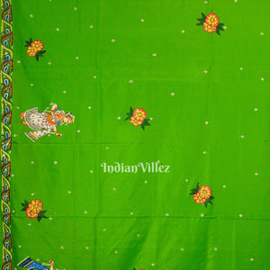 Blue With Green Raja Theme Hand-Painted Pattachitra Saree