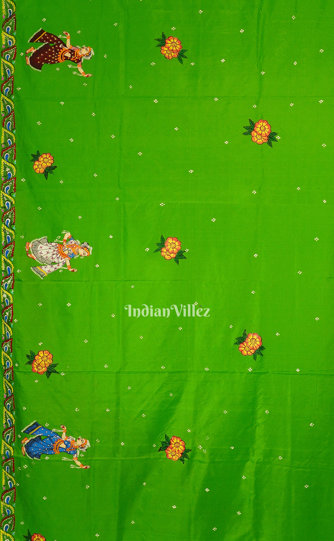 Blue With Green Raja Theme Hand-Painted Pattachitra Saree