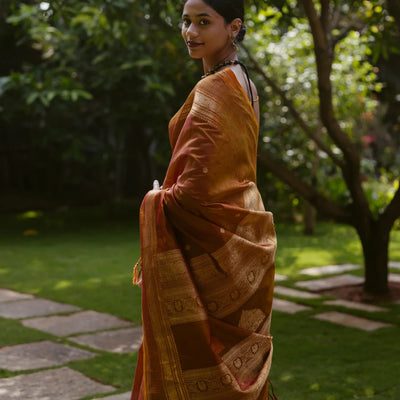 Honey Amber Handloom Silk Cotton With Kalamam Buttas and Checked border