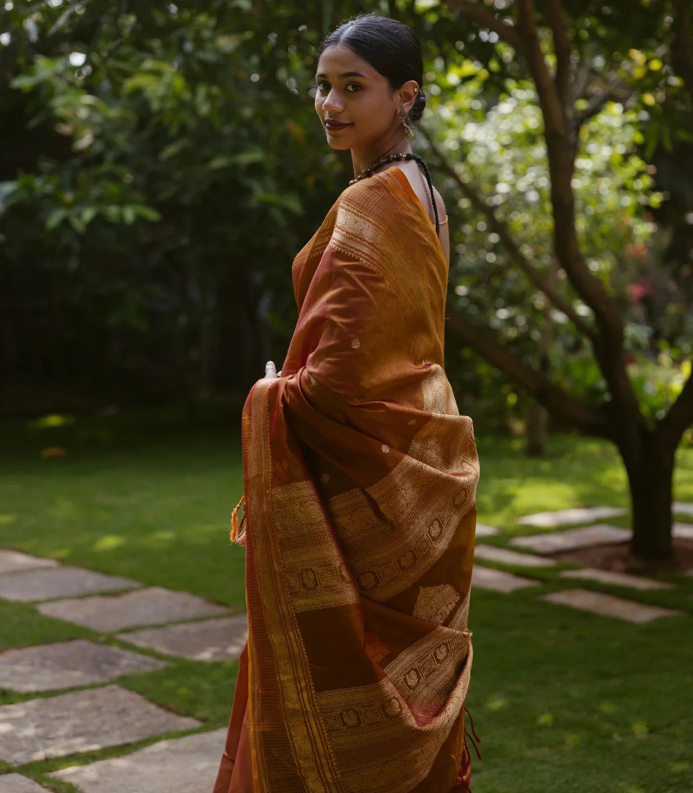 Honey Amber Handloom Silk Cotton With Kalamam Buttas and Checked border