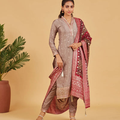 Festive Grey Embroidered Kurta Set