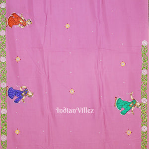 Pink Krishna Rasa Leela Theme Hand-Painted Pattachitra Saree