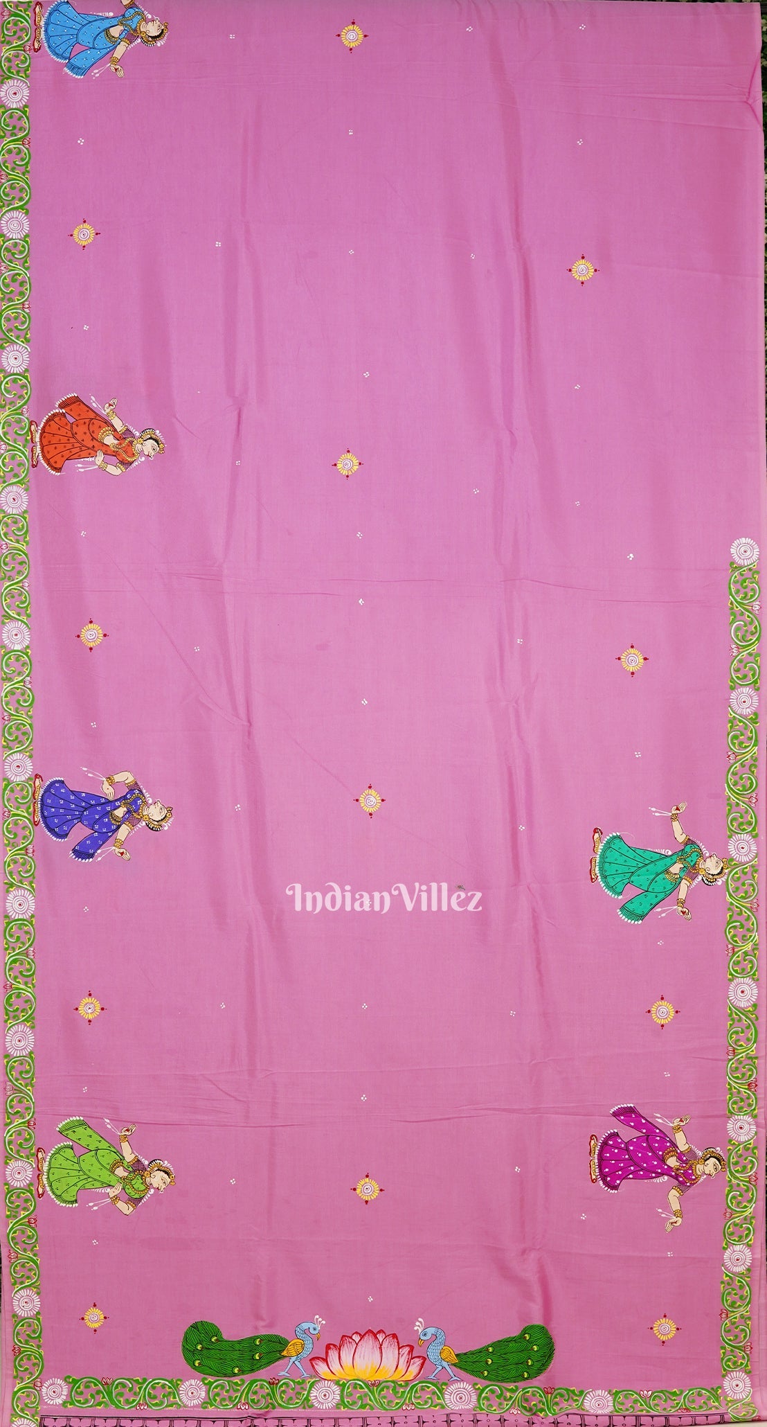 Pink Krishna Rasa Leela Theme Hand-Painted Pattachitra Saree