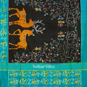 Black Golden Yellow Dear Theme Pochampally Ikat Silk Saree