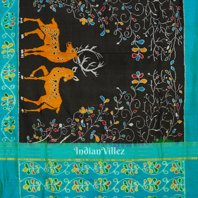 Black Golden Yellow Dear Theme Pochampally Ikat Silk Saree