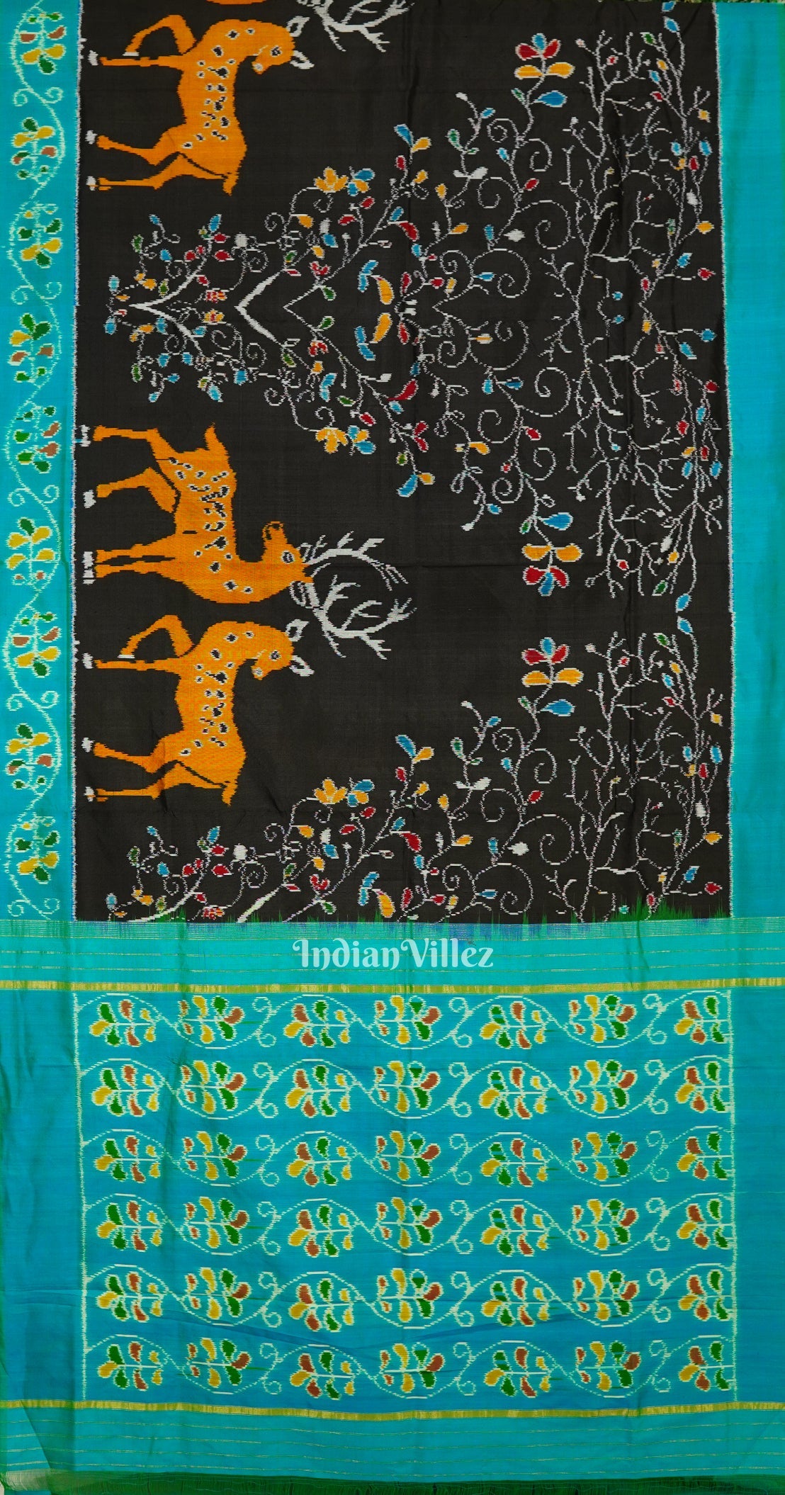 Black Golden Yellow Dear Theme Pochampally Ikat Silk Saree