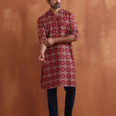 trueBrowns Men's Beige Printed Kurta