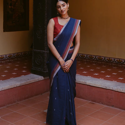 Midnight Blue Handloom Bhujodi Cotton Saree With Bhujodi/Kutch style Buttis