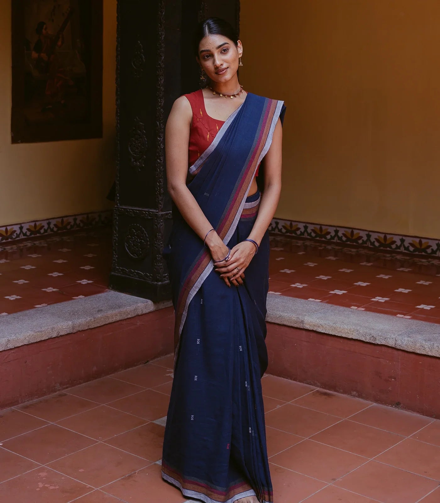Midnight Blue Handloom Bhujodi Cotton Saree With Bhujodi/Kutch style Buttis