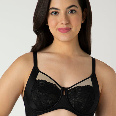 Glam Floral Non-Padded Wired Minimizer Bra - Black