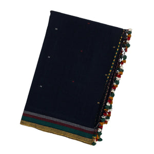 Midnight Blue Handloom Bhujodi Cotton Saree With Cross Buttas