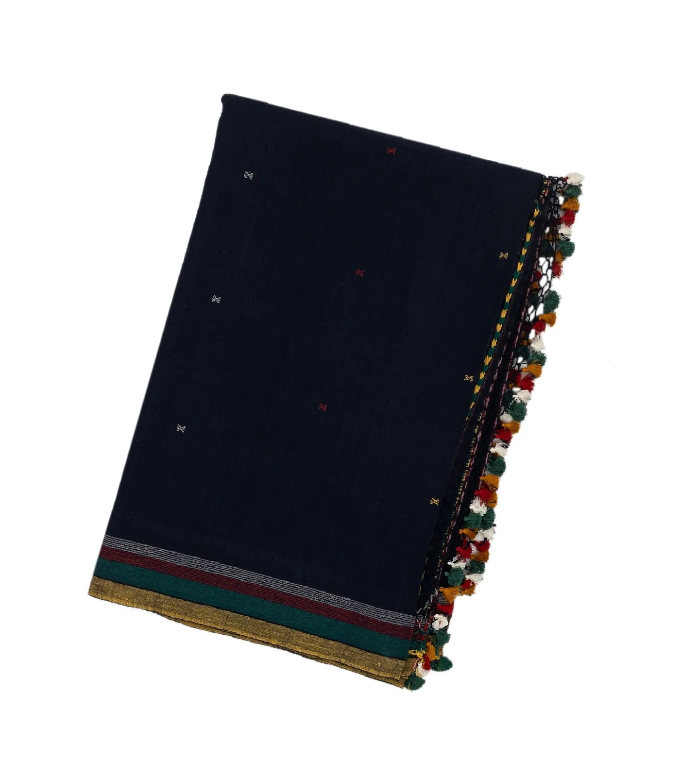 Midnight Blue Handloom Bhujodi Cotton Saree With Cross Buttas