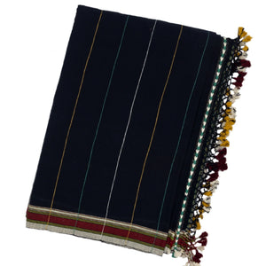 Midnight Blue Handloom Bhujodi Cotton Saree With Yellow Stripes