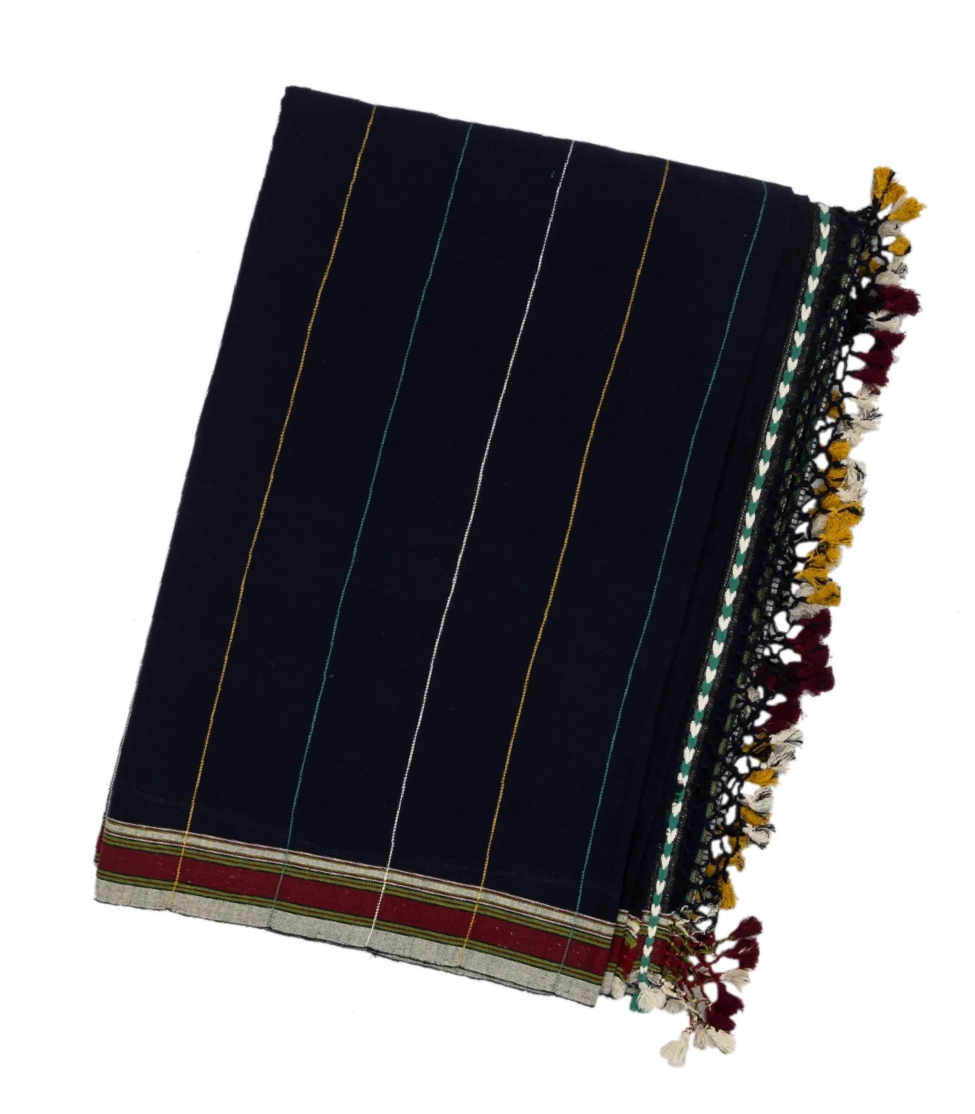 Midnight Blue Handloom Bhujodi Cotton Saree With Yellow Stripes