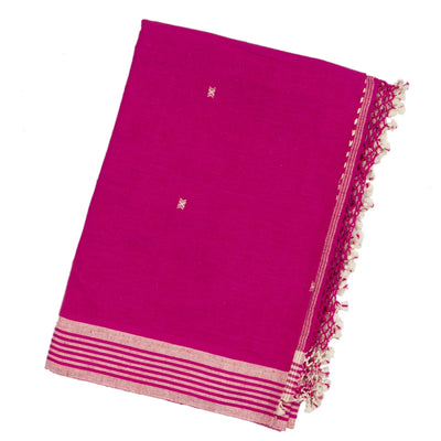 Hot Pink Handloom Bhujodi Cotton Saree With Cross Buttas