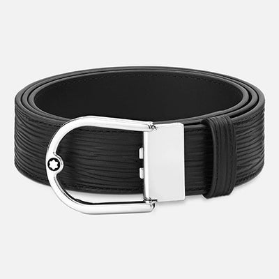 Mont Blanc, Horseshoe buckle printed black/plain black 35mm reversible leather belt