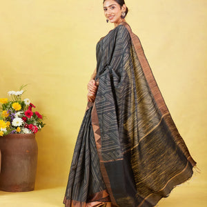 Black Handloom Tussar Silk Saree With Printed Stripes Motifs