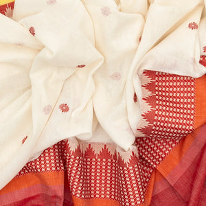 White Handloom Bengal Cotton Saree With Floral Buttas