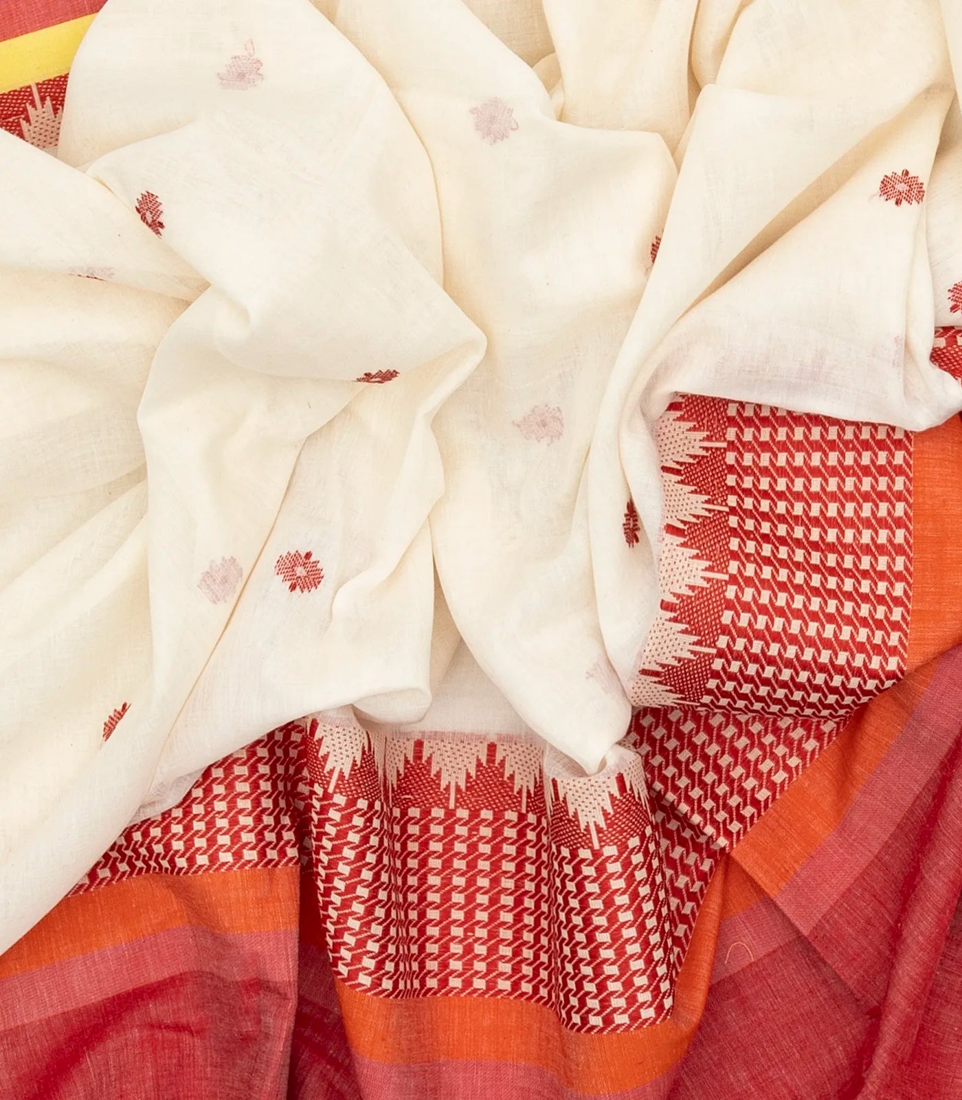 White Handloom Bengal Cotton Saree With Floral Buttas