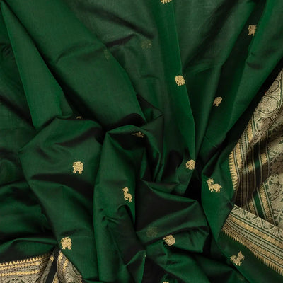 Dark Green Handloom Silk Cotton Saree With Maan (Deer) And Elephant (Yannai) Motifs