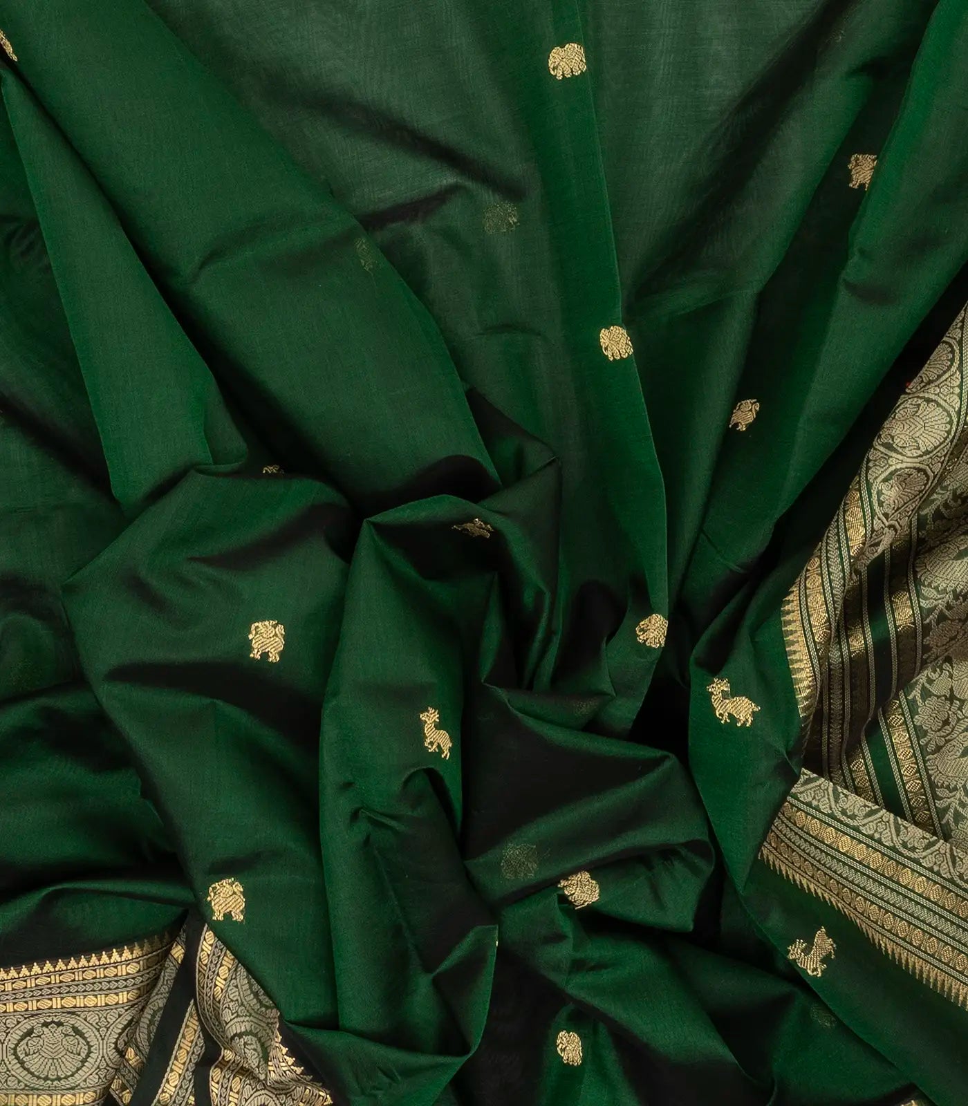 Dark Green Handloom Silk Cotton Saree With Maan (Deer) And Elephant (Yannai) Motifs