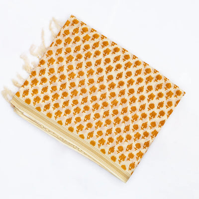 Taupe Handloom Chanderi Cotton Saree With Printed Mustard Floral Motifs