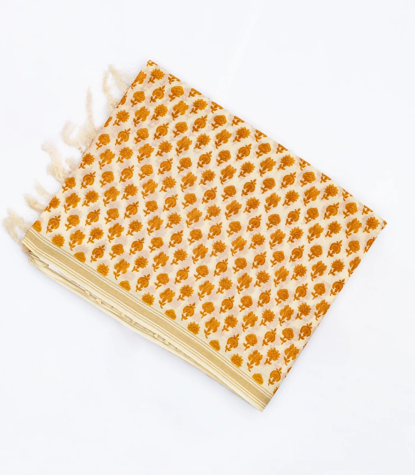 Taupe Handloom Chanderi Cotton Saree With Printed Mustard Floral Motifs